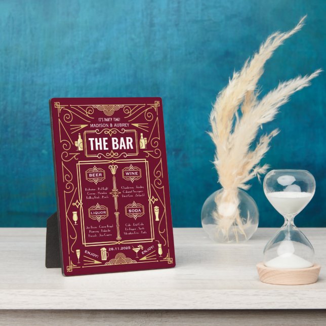 Art Deco Wedding Gold Burgundy Open Bar Menu Plaque (Side)