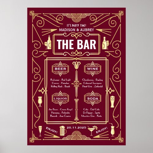 Art Deco Wedding Gold Burgundy Open Bar Menu Poster