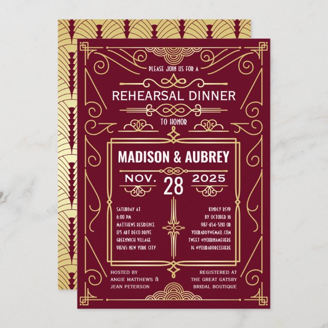 Art Deco Wedding Gold Burgundy Rehearsal Dinner Invitation (Front/Back)