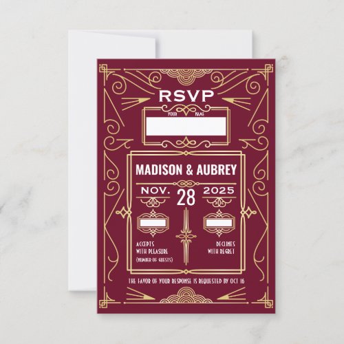 Art Deco Wedding Gold Burgundy RSVP Response