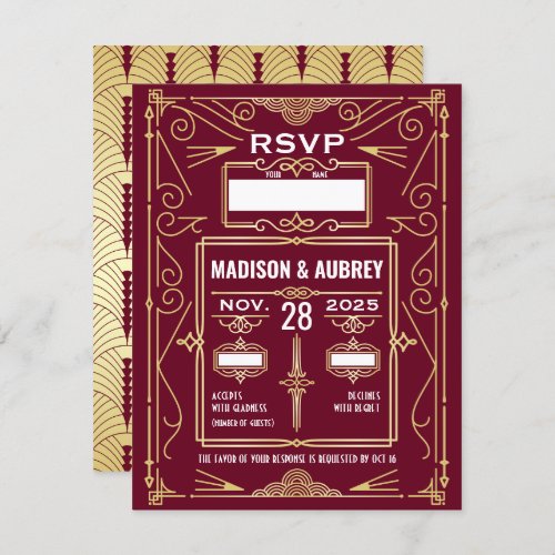 Art Deco Wedding Gold Burgundy RSVP Response Invitation