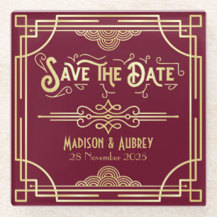Art Deco Wedding Gold Burgundy Save the Date Glass Coaster