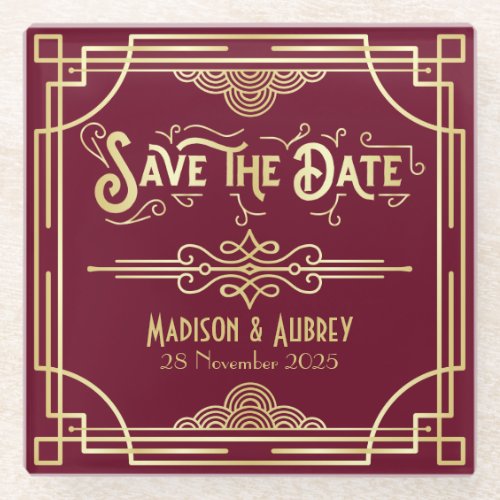 Art Deco Wedding Gold Burgundy Save the Date Glass Coaster