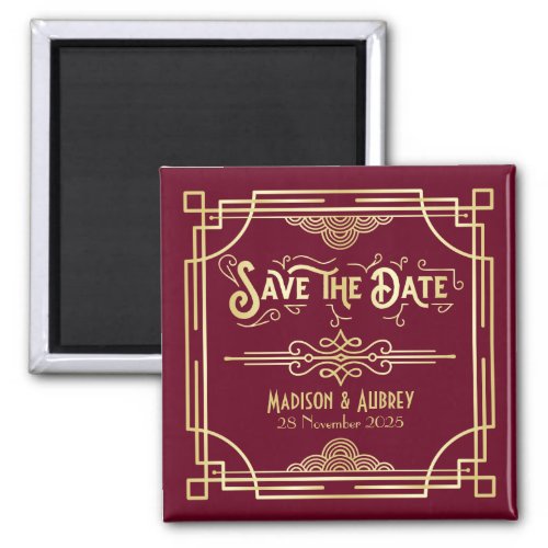 Art Deco Wedding Gold Burgundy Save the Date Magnet