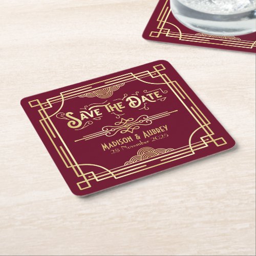 Art Deco Wedding Gold Burgundy Save the Date Square Paper Coaster