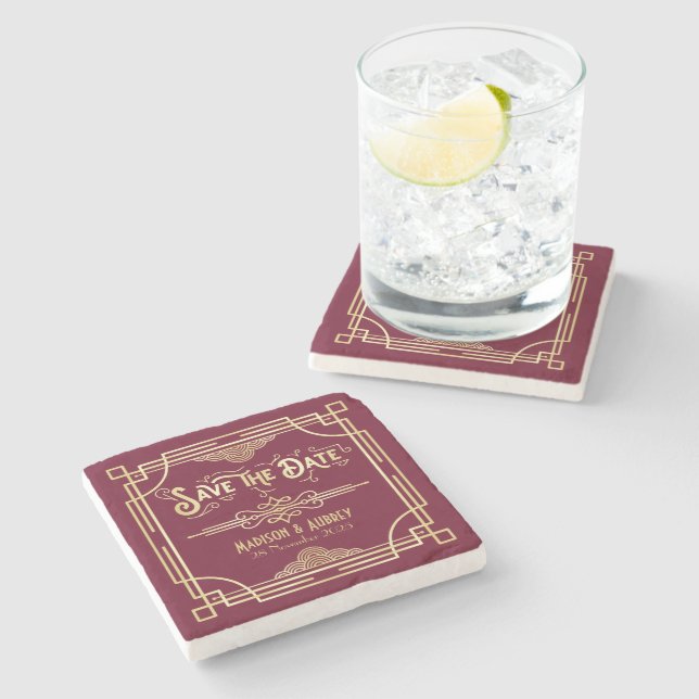 Art Deco Wedding Gold Burgundy Save the Date Stone Coaster (Side)