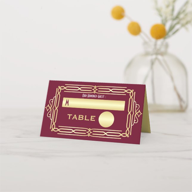 Art Deco Wedding Gold Burgundy Setting Escort Place Card (Front)