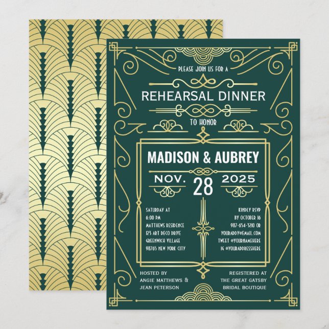 Art Deco Wedding Gold Dark Green Rehearsal Dinner Invitation (Front/Back)