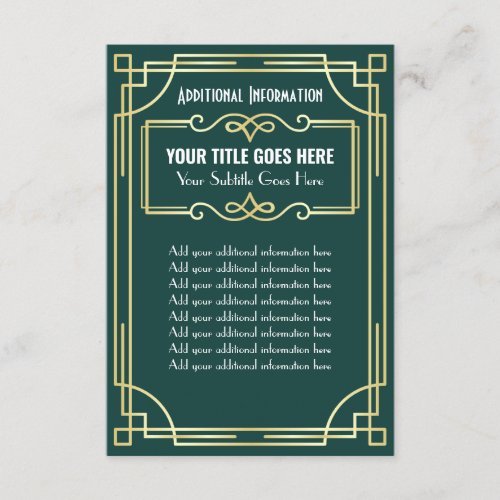 Art Deco Wedding Gold Green Additional Information Enclosure Card