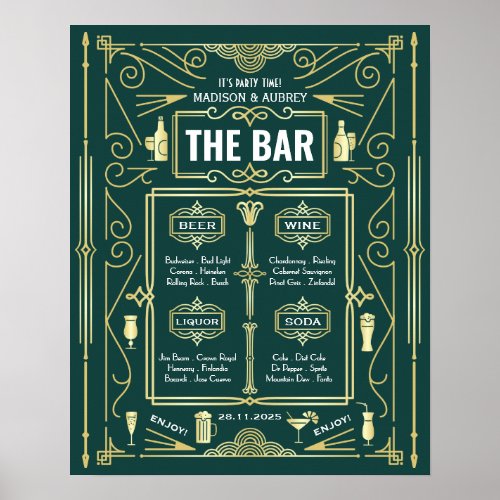 Art Deco Wedding Gold Green Open Bar Party Menu Poster