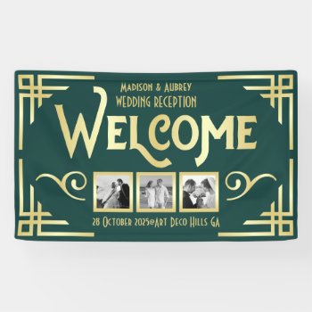 Art Deco Wedding Gold Green Three Photo Welcome Banner by BCVintageLove at Zazzle