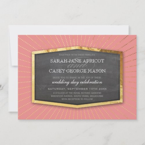 ART DECO WEDDING gold sunburst chalkboard coral Invitation