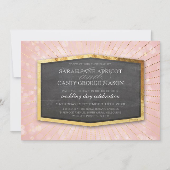 ART DECO WEDDING gold sunburst gray bokeh coral Invitation (Front)