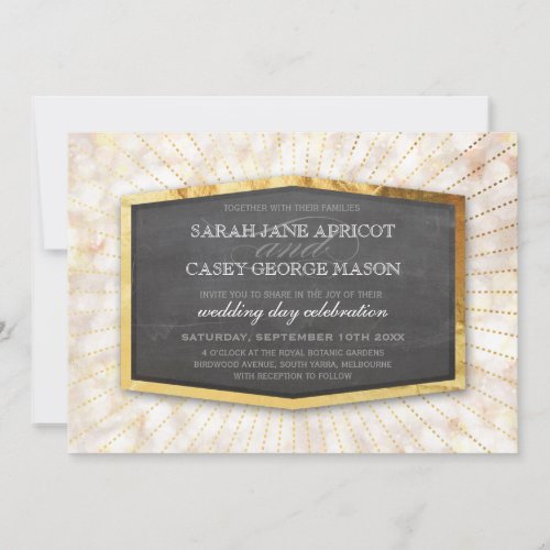 ART DECO WEDDING gold sunburst gray bokeh cream Invitation