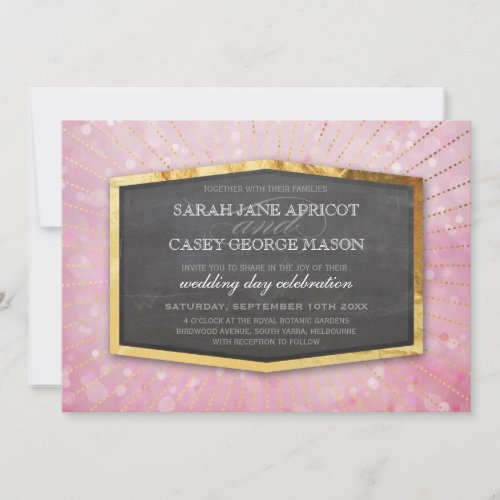 ART DECO WEDDING gold sunburst gray bokeh pink Invitation