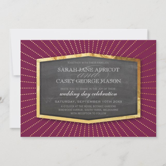 ART DECO WEDDING gold sunburst gray cranberry plum Invitation (Front)