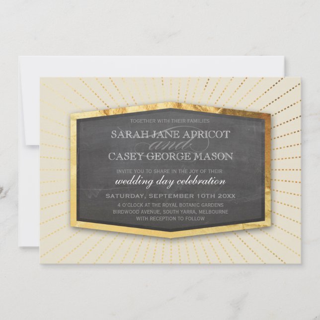 ART DECO WEDDING gold sunburst gray ivory cream Invitation (Front)