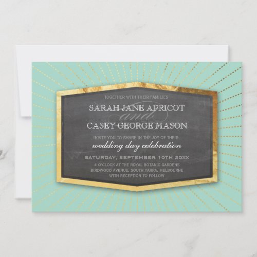 ART DECO WEDDING gold sunburst gray mint green Invitation