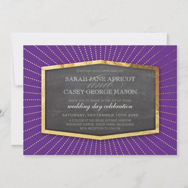 ART DECO WEDDING gold sunburst gray rich purple Invitation (Front)