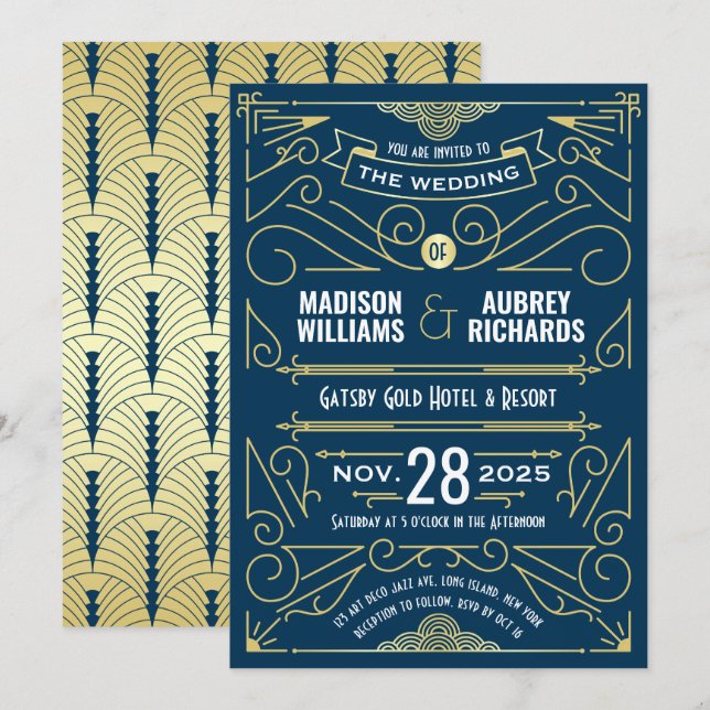 Art Deco Wedding Great Gatsby Elegant Gold Blue Invitation (Front/Back)