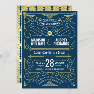 Art Deco Wedding Great Gatsby Elegant Gold Blue Invitation