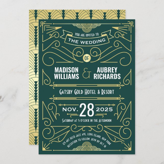 Art Deco Wedding Great Gatsby Elegant Gold Green Invitation (Front/Back)