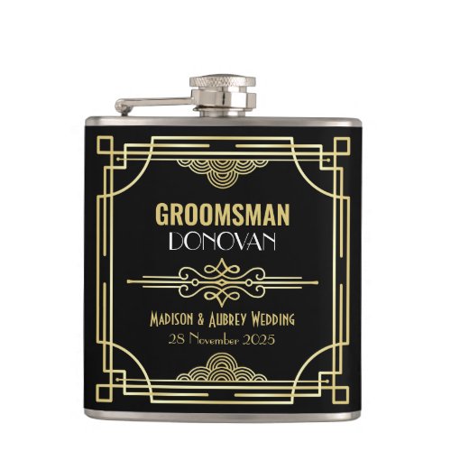 Art Deco Wedding Groomsman Gold Black Favor 1920s Flask