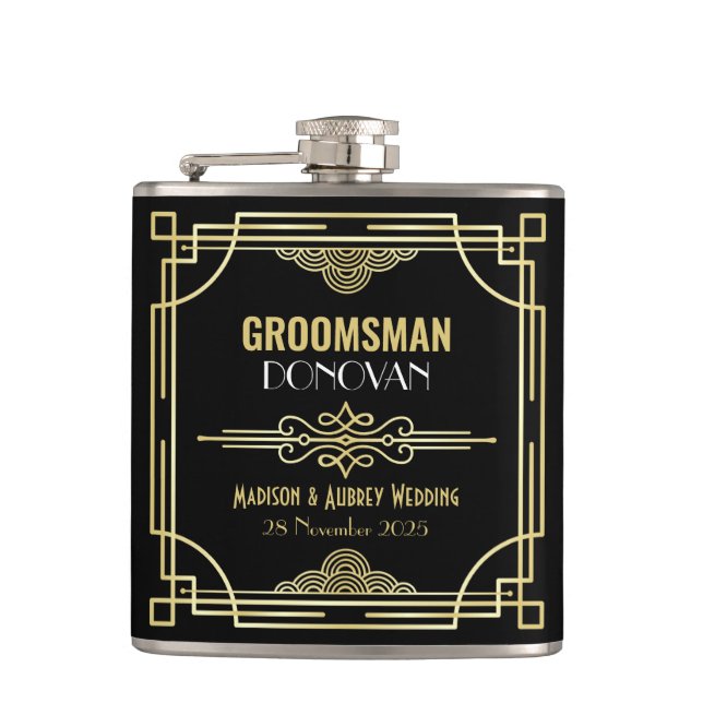 Art Deco Wedding Groomsman Gold Black Favor 1920s Flask (Front)