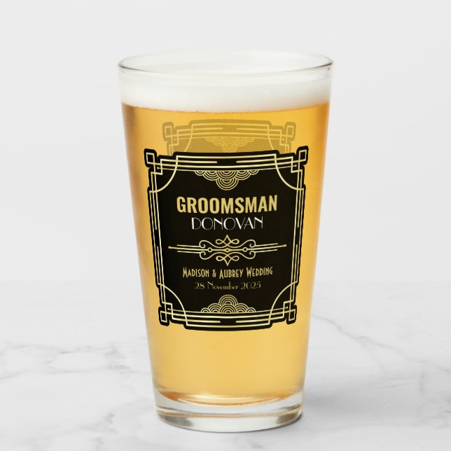 Art Deco Wedding Groomsman Gold Black Favor 1920s Glass (Front Filled)