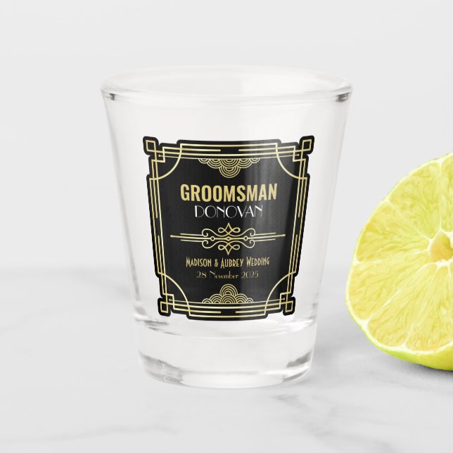 Art Deco Wedding Groomsman Gold Black Favor 1920s Shot Glass (Front)