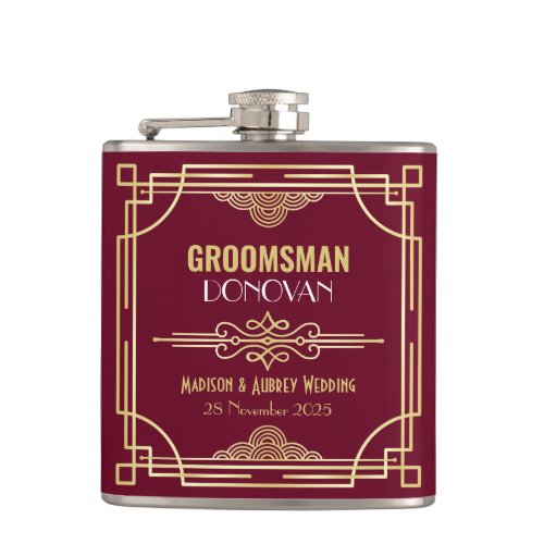 Art Deco Wedding Groomsman Gold Burgundy Favor Flask