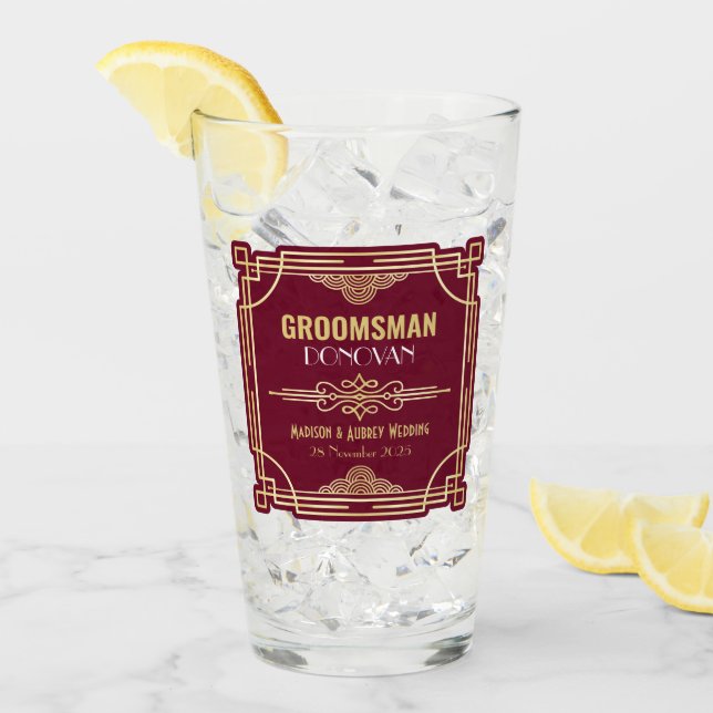 Art Deco Wedding Groomsman Gold Burgundy Favor Glass (Front Ice)