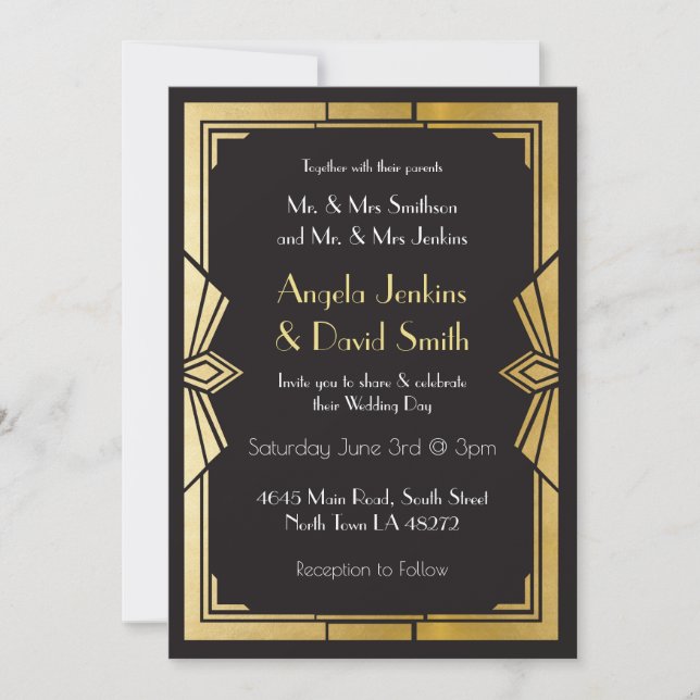 Art Deco Wedding Invitation 1920's Black & Gold (Front)