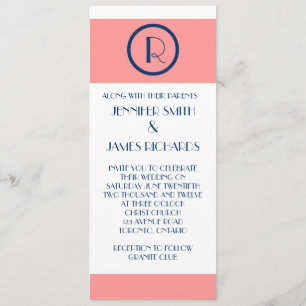 Art Deco Wedding Invitation Coral Navy Blue WHite