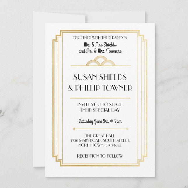 Art Deco Wedding Invitations White & Gold 1920's (Front)