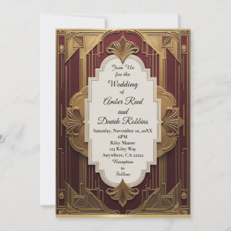 Art Deco Wedding Invite Burgundy & Gold Vintage