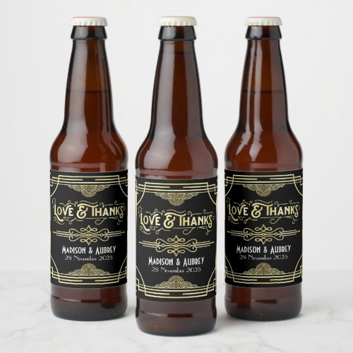 Art Deco Wedding Love  Thanks Gold Black Favor Beer Bottle Label