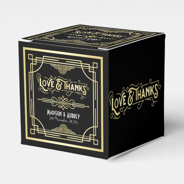 Art Deco Wedding Love & Thanks Gold Black Favor Boxes (Front Side)
