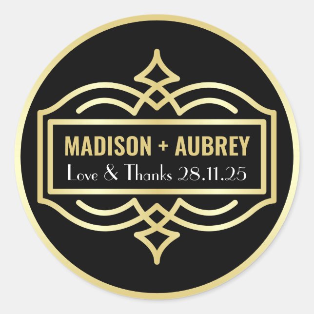 Art Deco Wedding Love & Thanks Gold Black Favor Classic Round Sticker (Front)