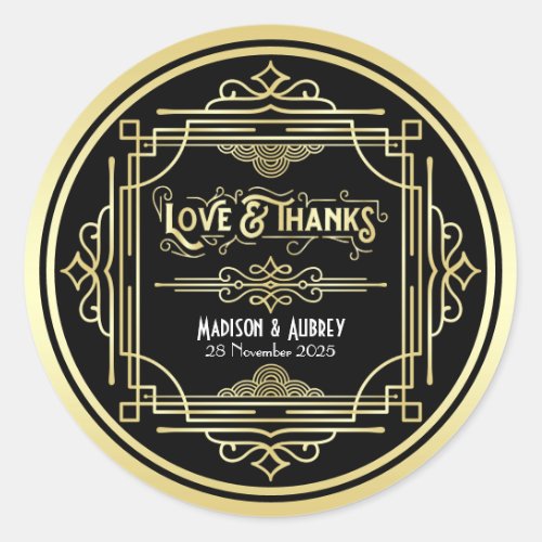 Art Deco Wedding Love  Thanks Gold Black Favor Classic Round Sticker