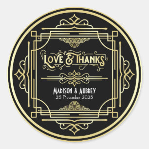 Art Deco Wedding Love & Thanks Gold Black Favor Classic Round Sticker