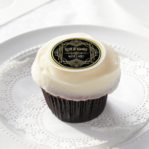 Art Deco Wedding Love  Thanks Gold Black Favor Edible Frosting Rounds