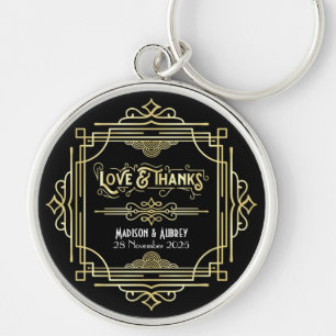 Art Deco Wedding Love & Thanks Gold Black Favor Keychain