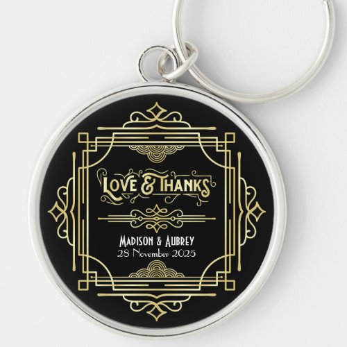 Art Deco Wedding Love  Thanks Gold Black Favor Keychain