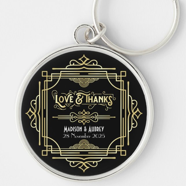 Art Deco Wedding Love & Thanks Gold Black Favor Keychain (Front)