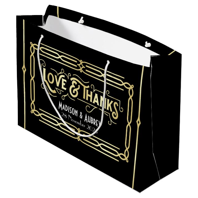 Art Deco Wedding Love & Thanks Gold Black Favor Large Gift Bag (Back Angled)