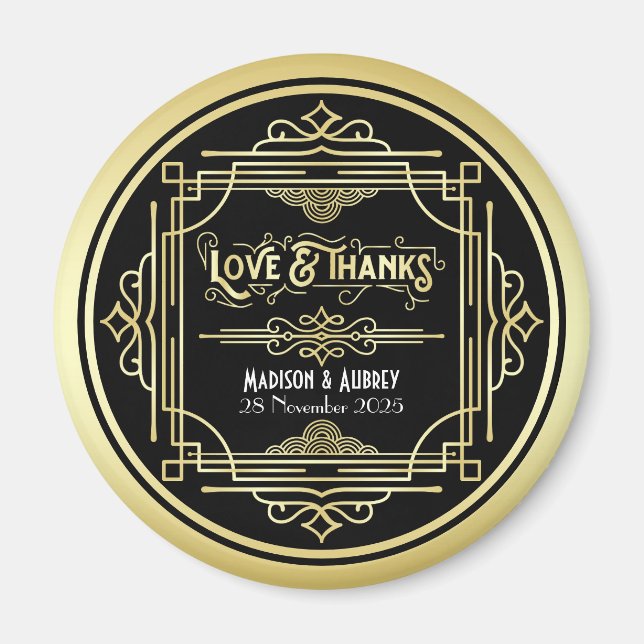 Art Deco Wedding Love & Thanks Gold Black Favor Magnet (Front)