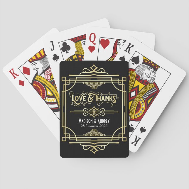 Art Deco Wedding Love & Thanks Gold Black Favor Poker Cards (Back)
