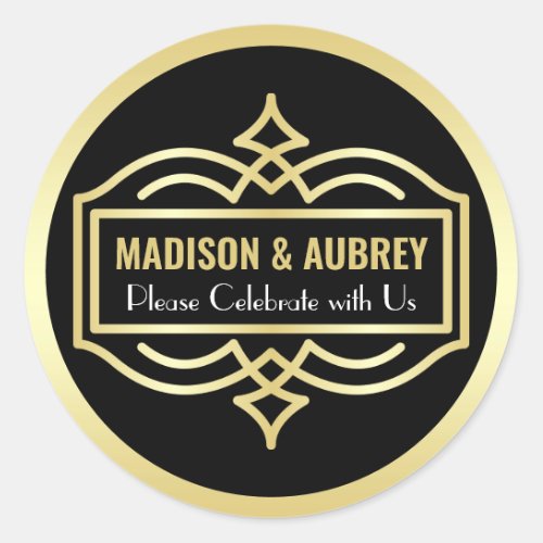 Art Deco Wedding Love  Thanks Gold Black Mailing Classic Round Sticker