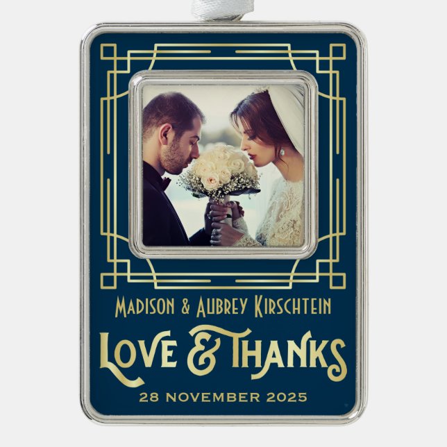 Art Deco Wedding Love & Thanks Gold Blue Add Photo Christmas Ornament (Front)